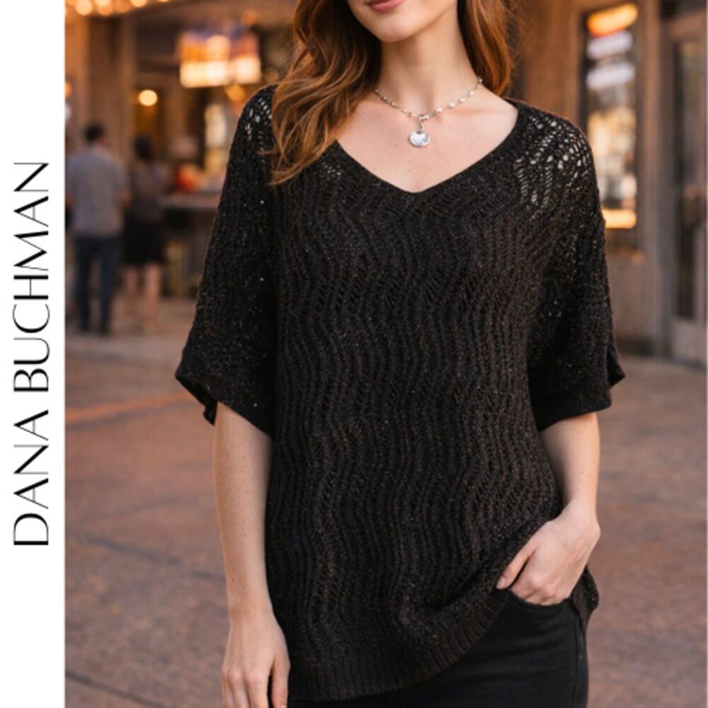 Metallic Knit Sweater Dana Buchman Black Short Sleeve Layered Top M NWT